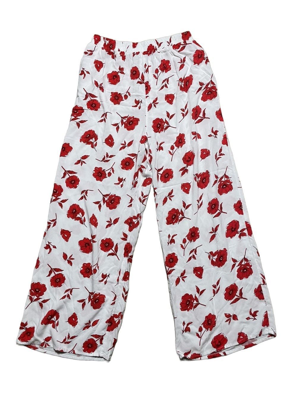 Japna Women’s Beautiful Red Floral Pajama Pants with Pockets - White Base - LG